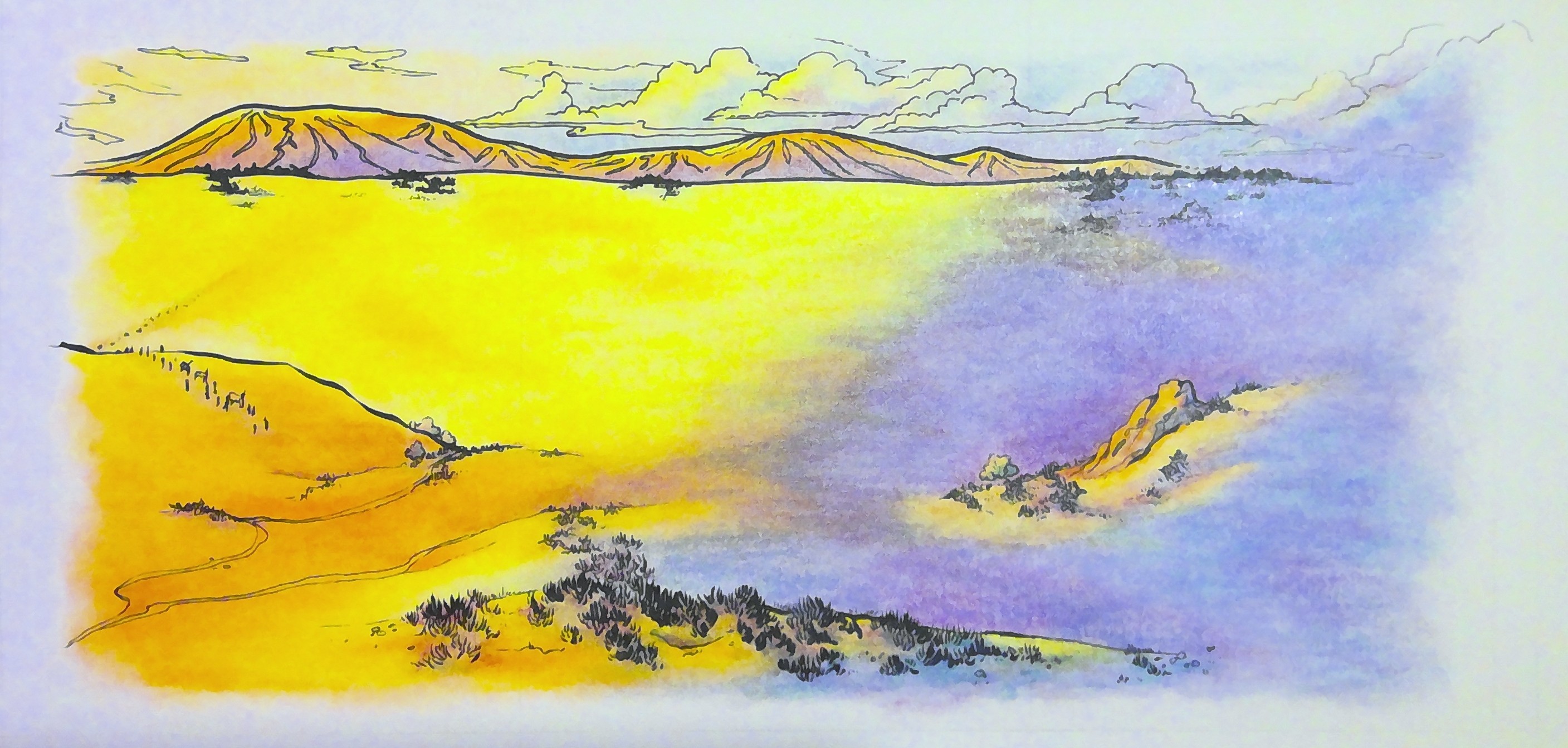 A shadow creeps over a desert landscape — pastel and ink illustration for Improbable