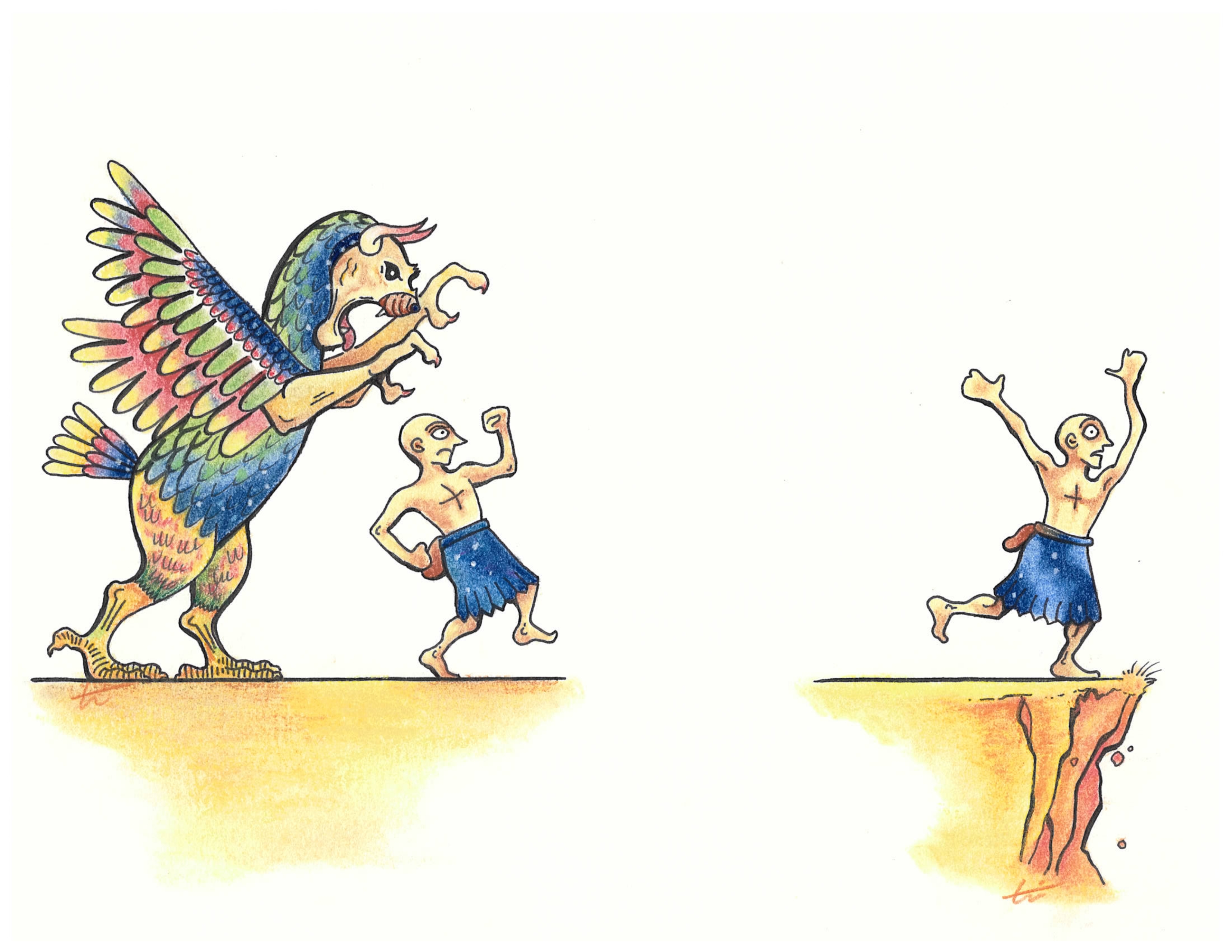 A figure chased by chaos, driven to the edge — pastel and ink illustration for Improbable