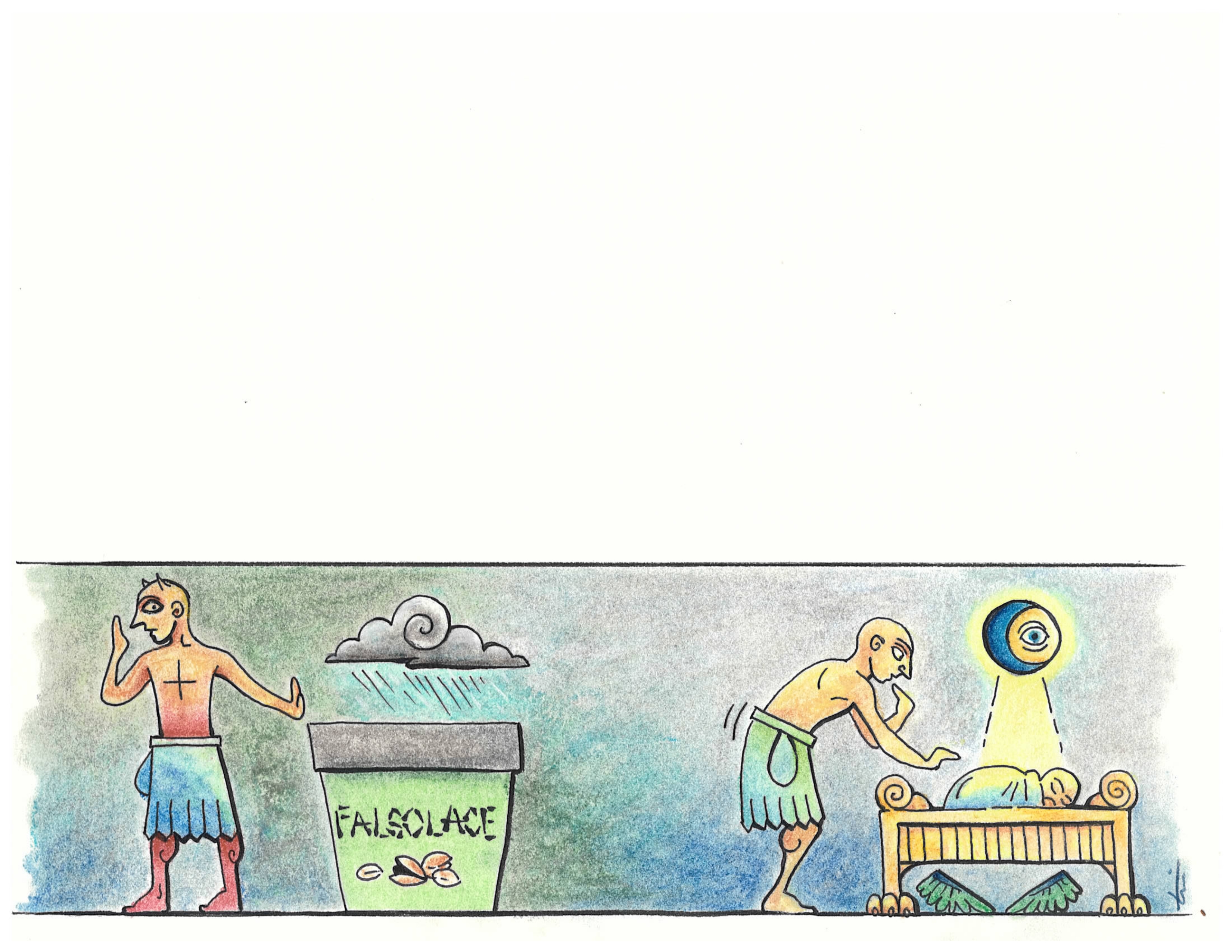 Falsolace and love shines through — figures emerging from darkness, pastel and ink illustration for Improbable