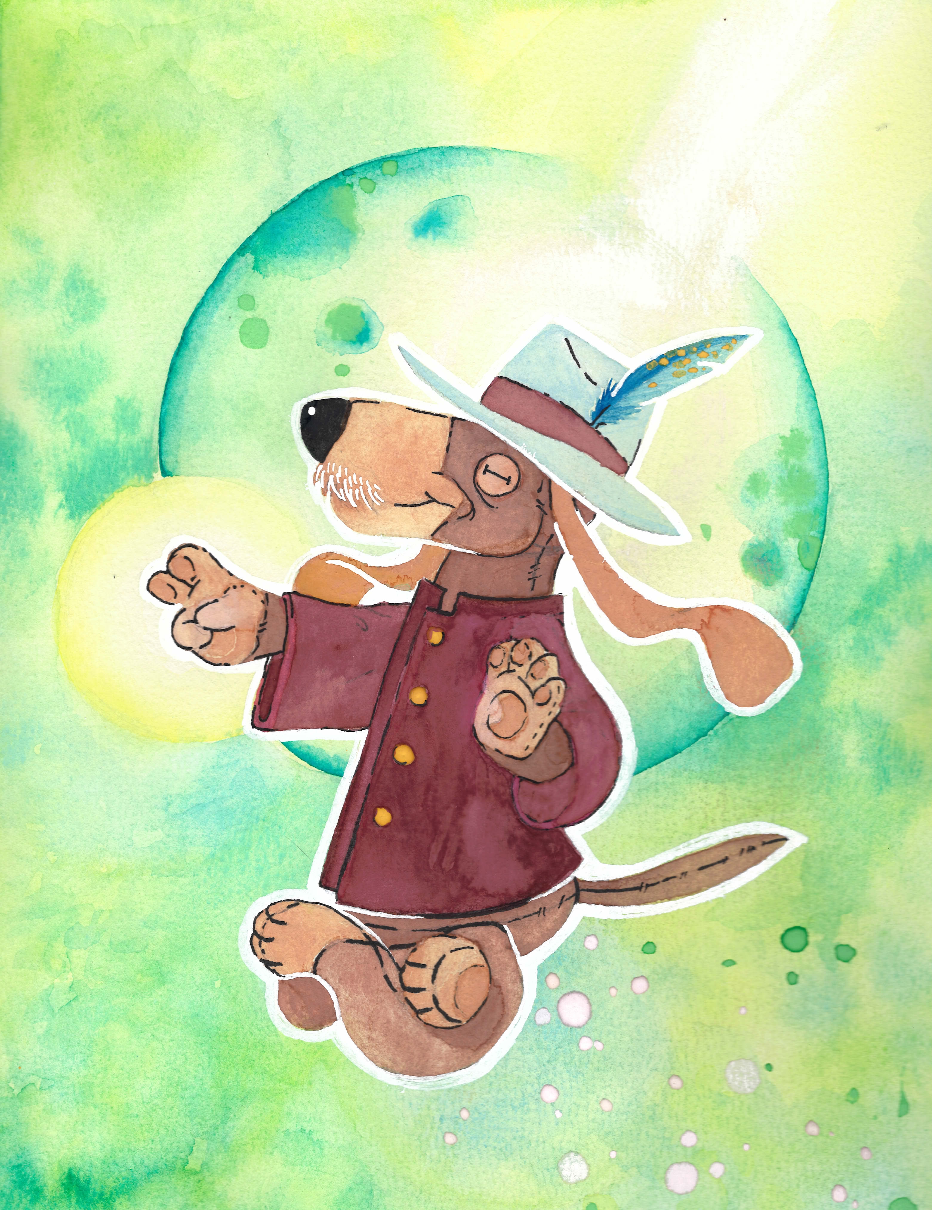 Dharma Dog in green — watercolor, ink, and acrylic illustration for Tale of Two Tigers