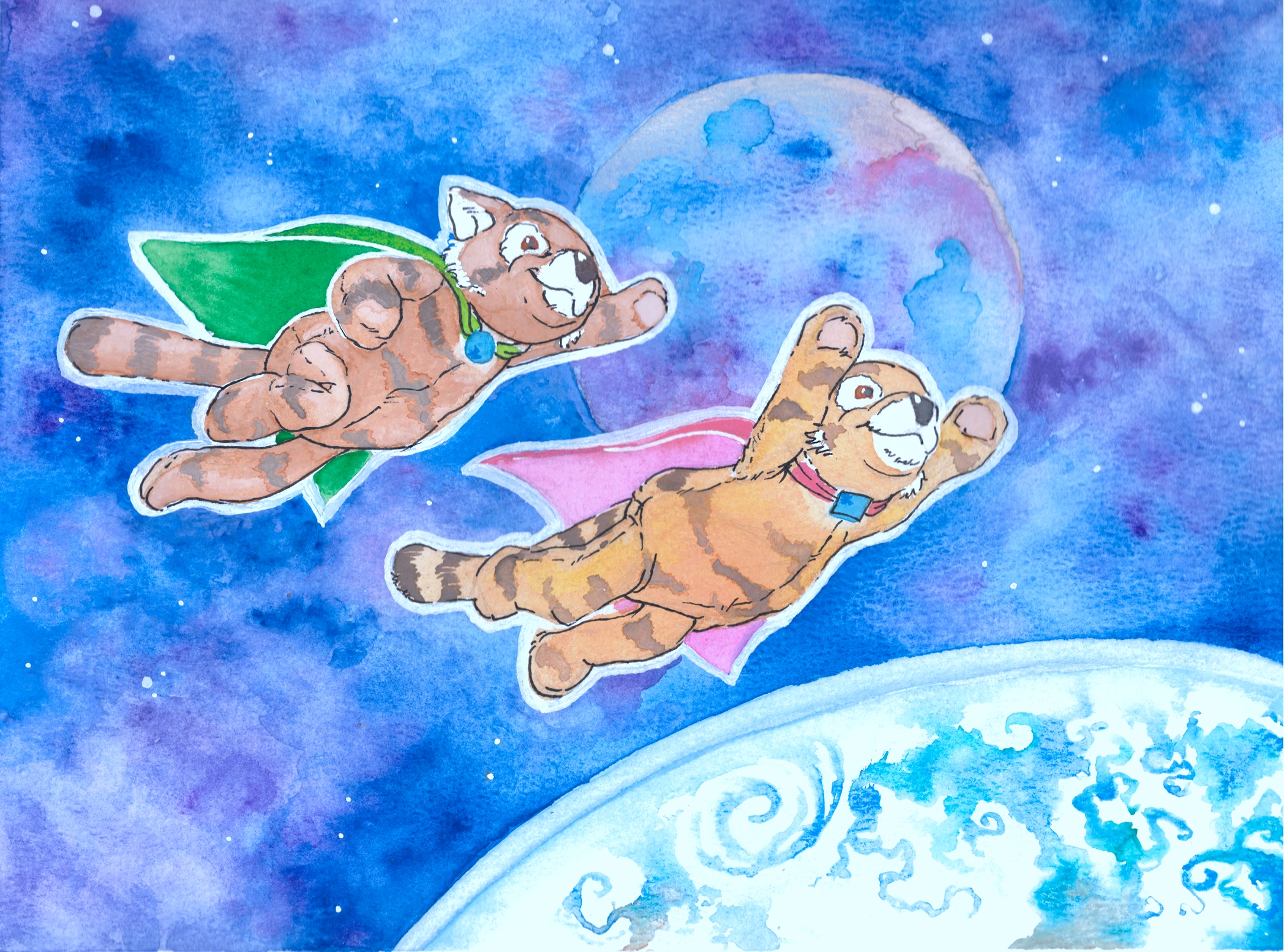Tiger brothers flying high — watercolor, ink, and acrylic illustration for Tale of Two Tigers