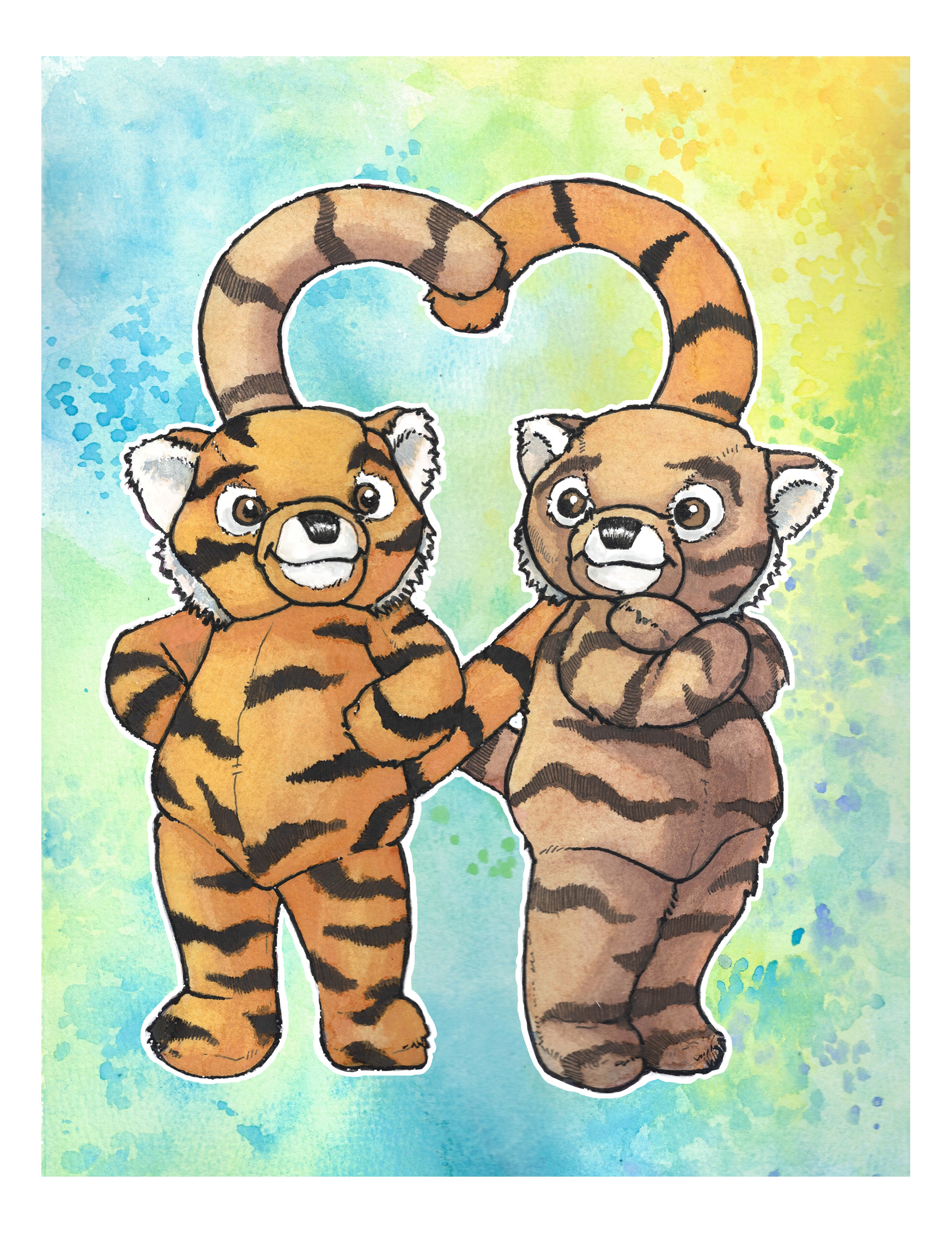 Tiger brothers in green — watercolor, ink, and acrylic illustration for Tale of Two Tigers
