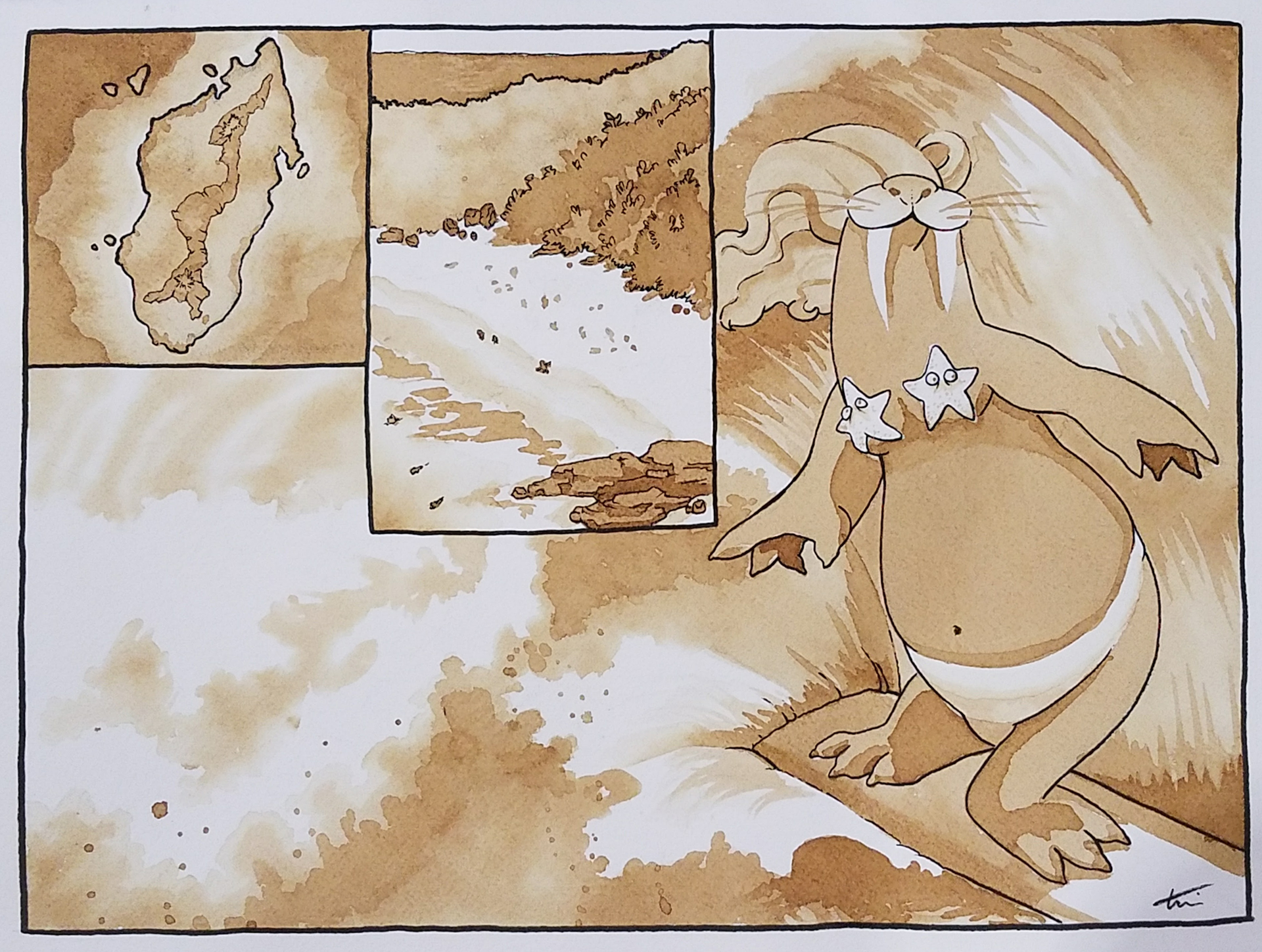 Whimsical watercolor of walrus on surfboard riding waves