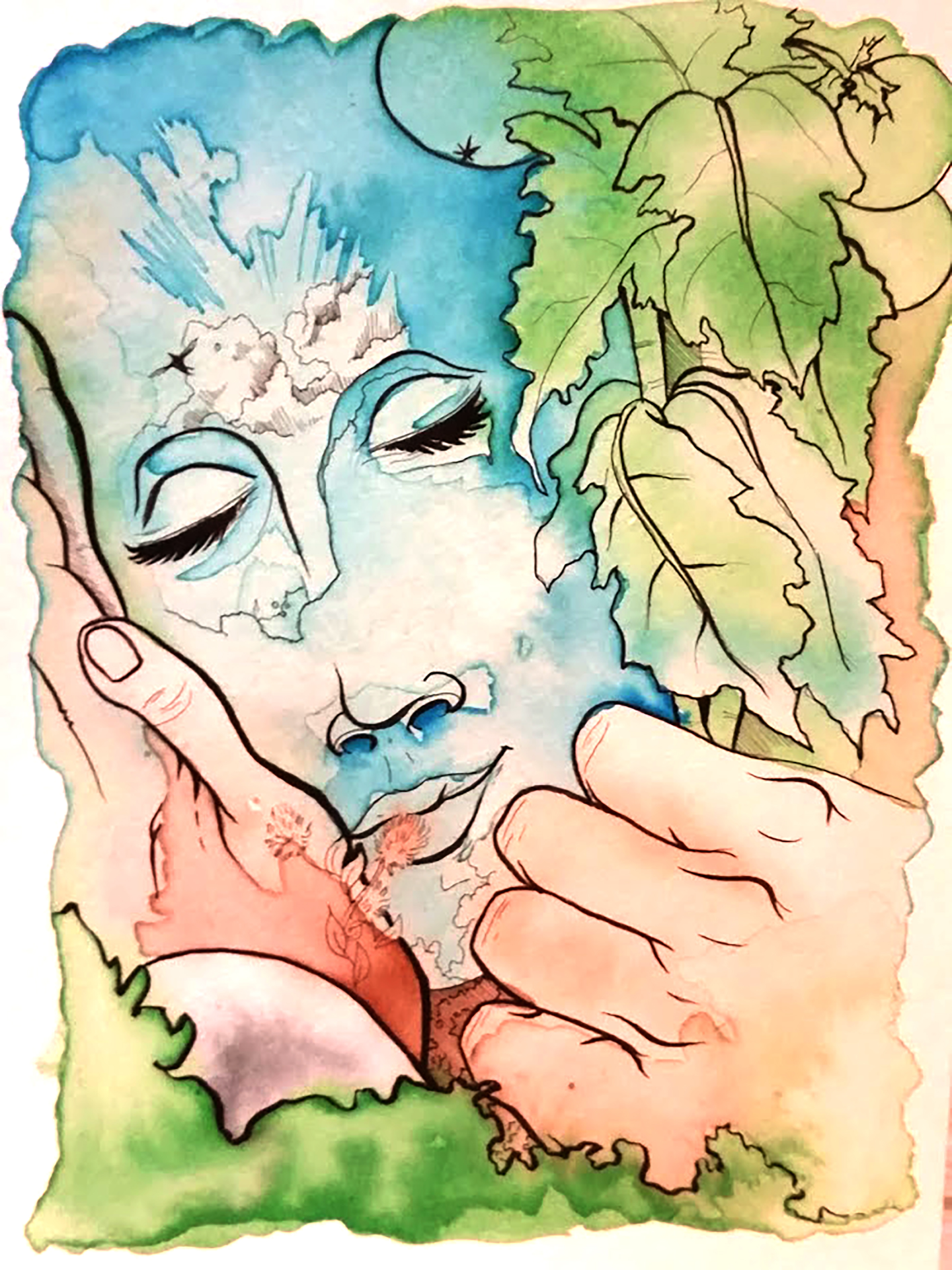 Ethereal cloud painting with earth mother figure emerging