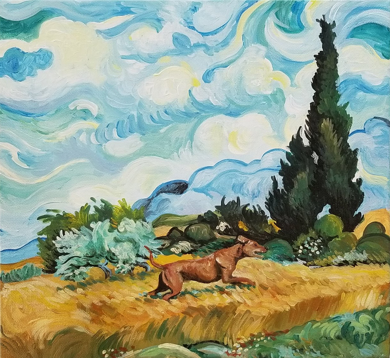 Dog among cypress trees in Van Gogh impressionist style
