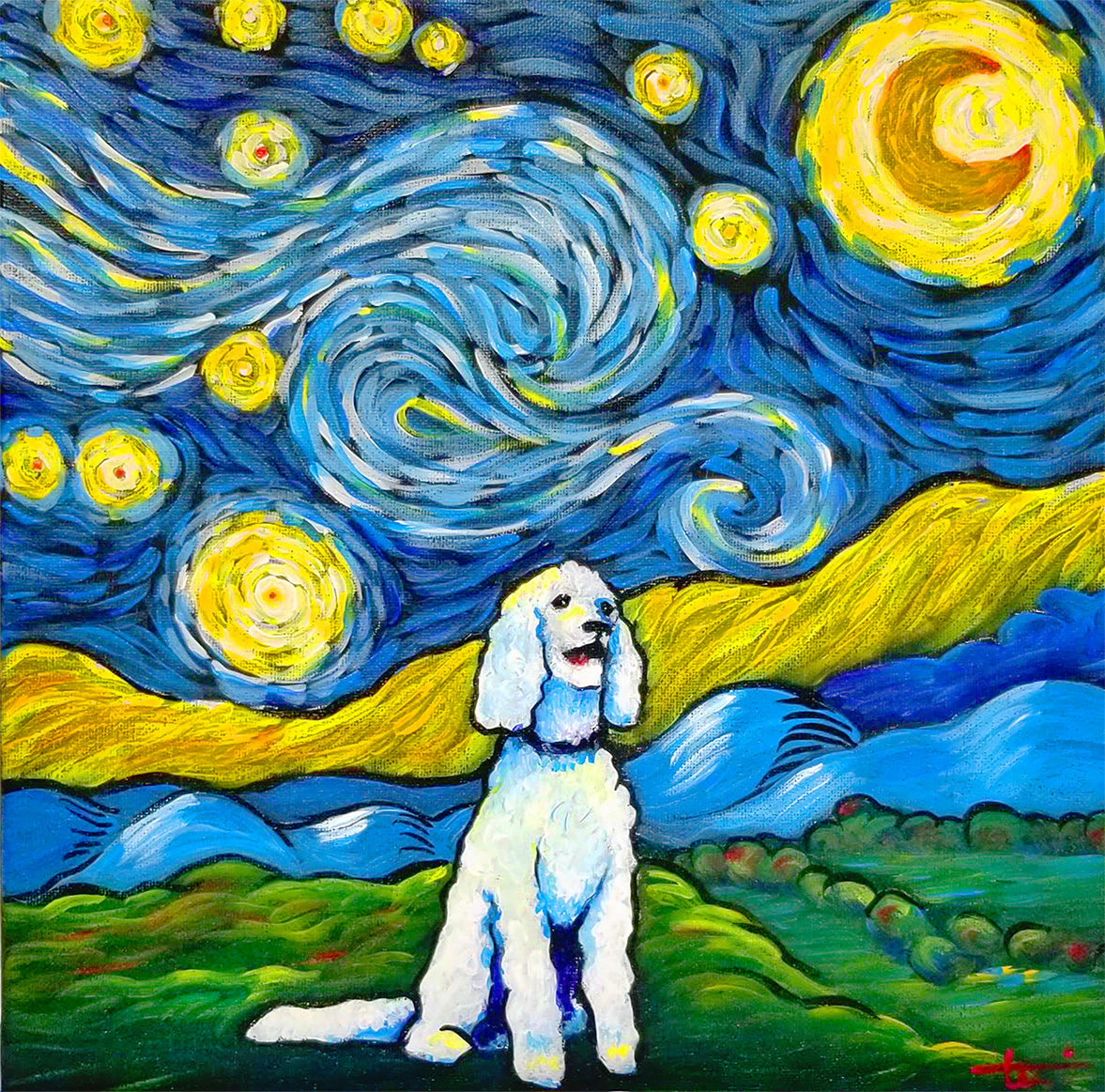Poodle portrait with swirling brushwork in Van Gogh style