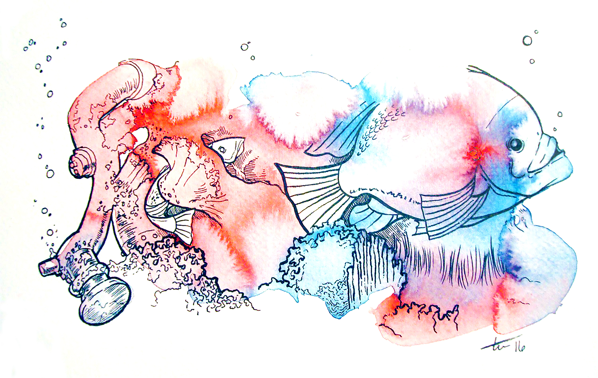 Colorful tropical reef fish in flowing watercolor style