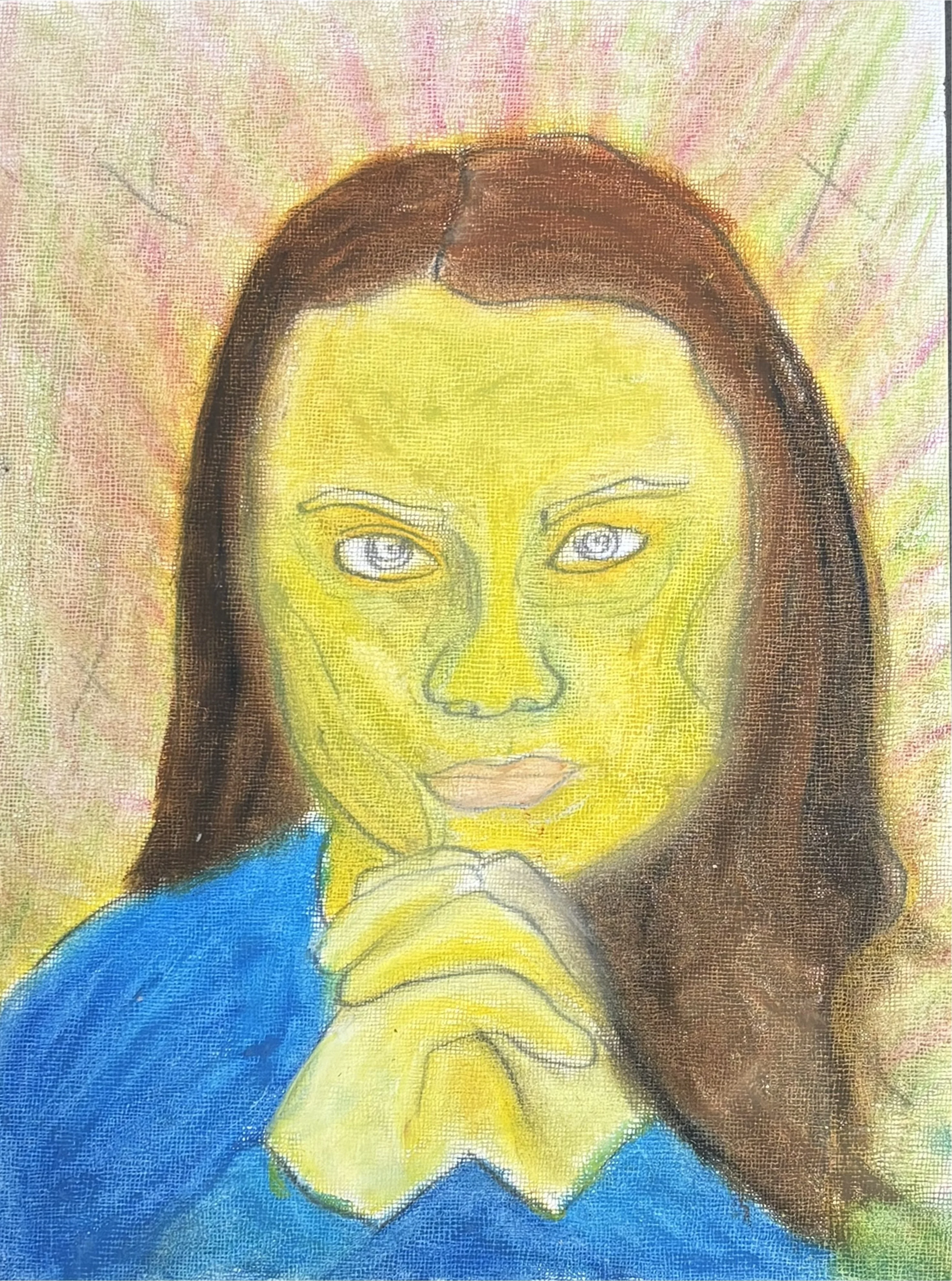 Expressionist portrait of a young woman with yellow-toned face and brown hair, hands clasped beneath the chin, framed by a radiant yellow halo