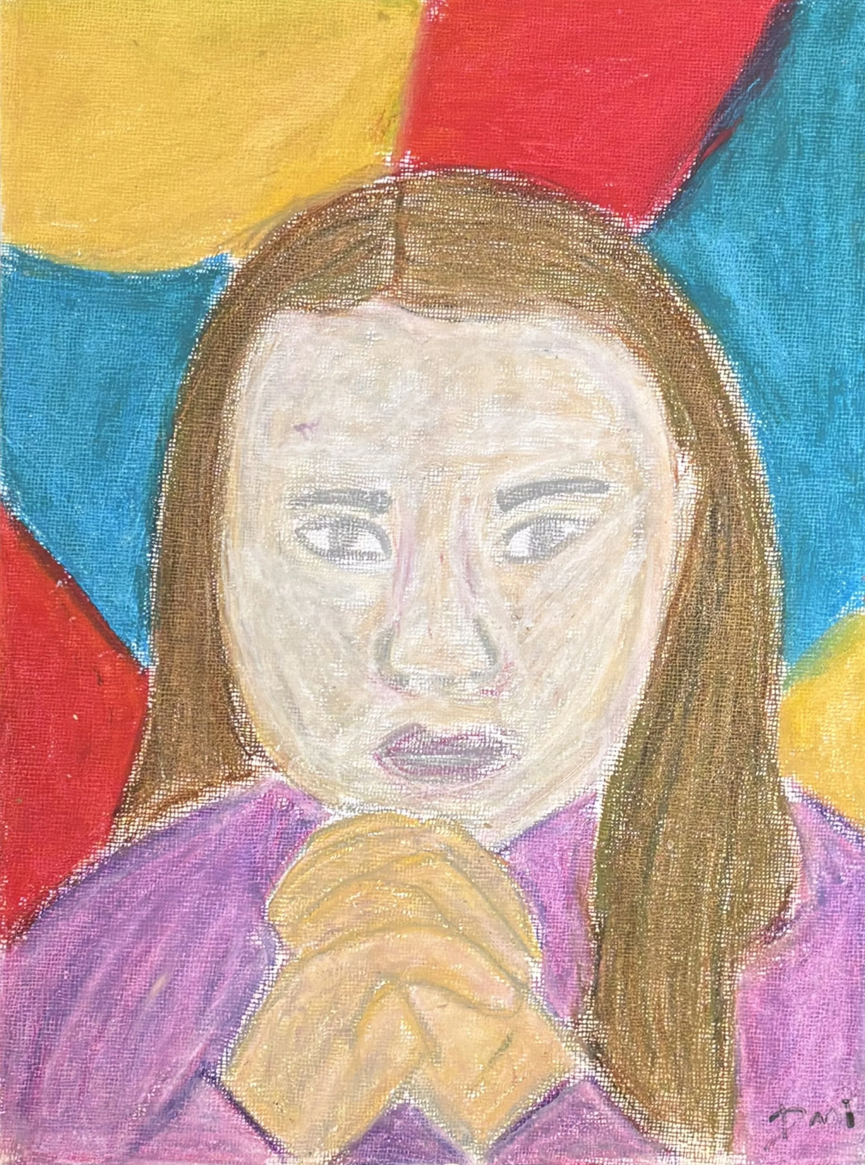 Expressionist portrait of a young woman in a pink top with hands clasped, set against a bold mosaic background of yellow, red, and blue