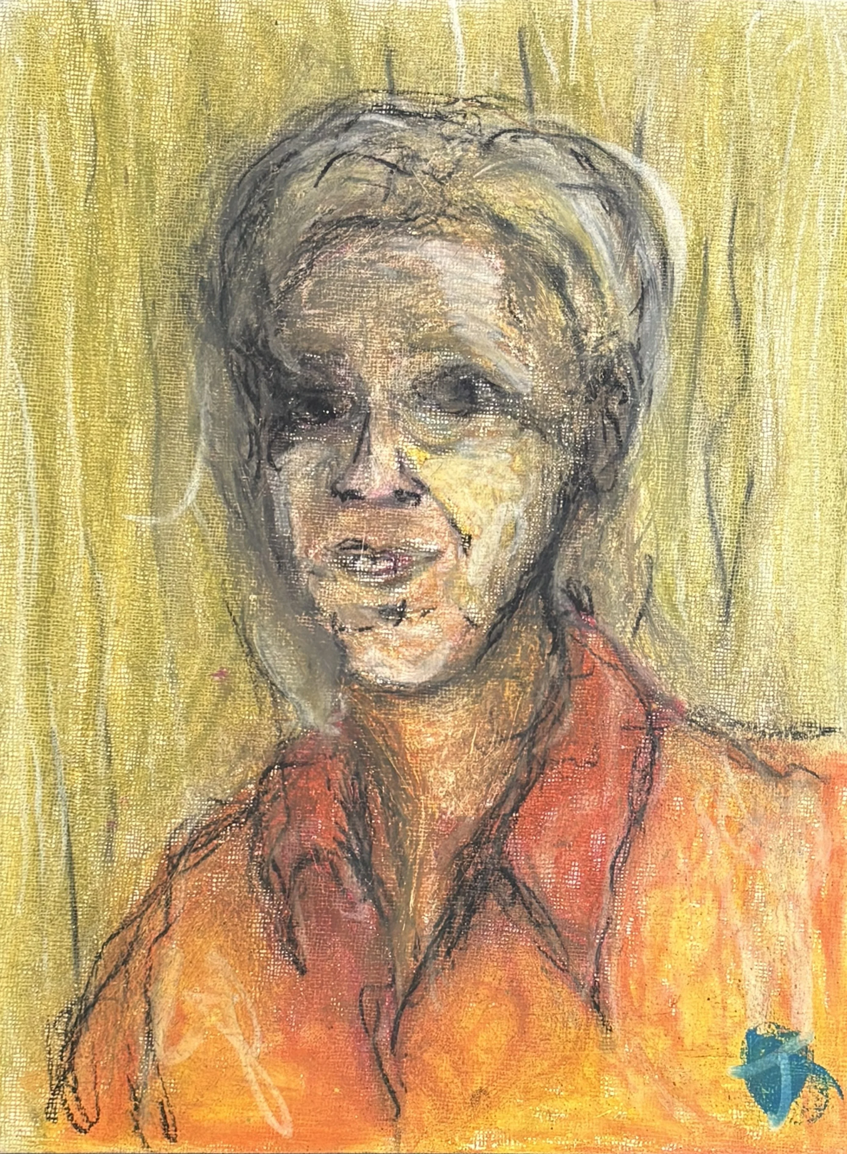 Expressionist portrait of a mature woman with grey-blonde hair in an orange blouse, rendered in earthy tones against a yellow striated background