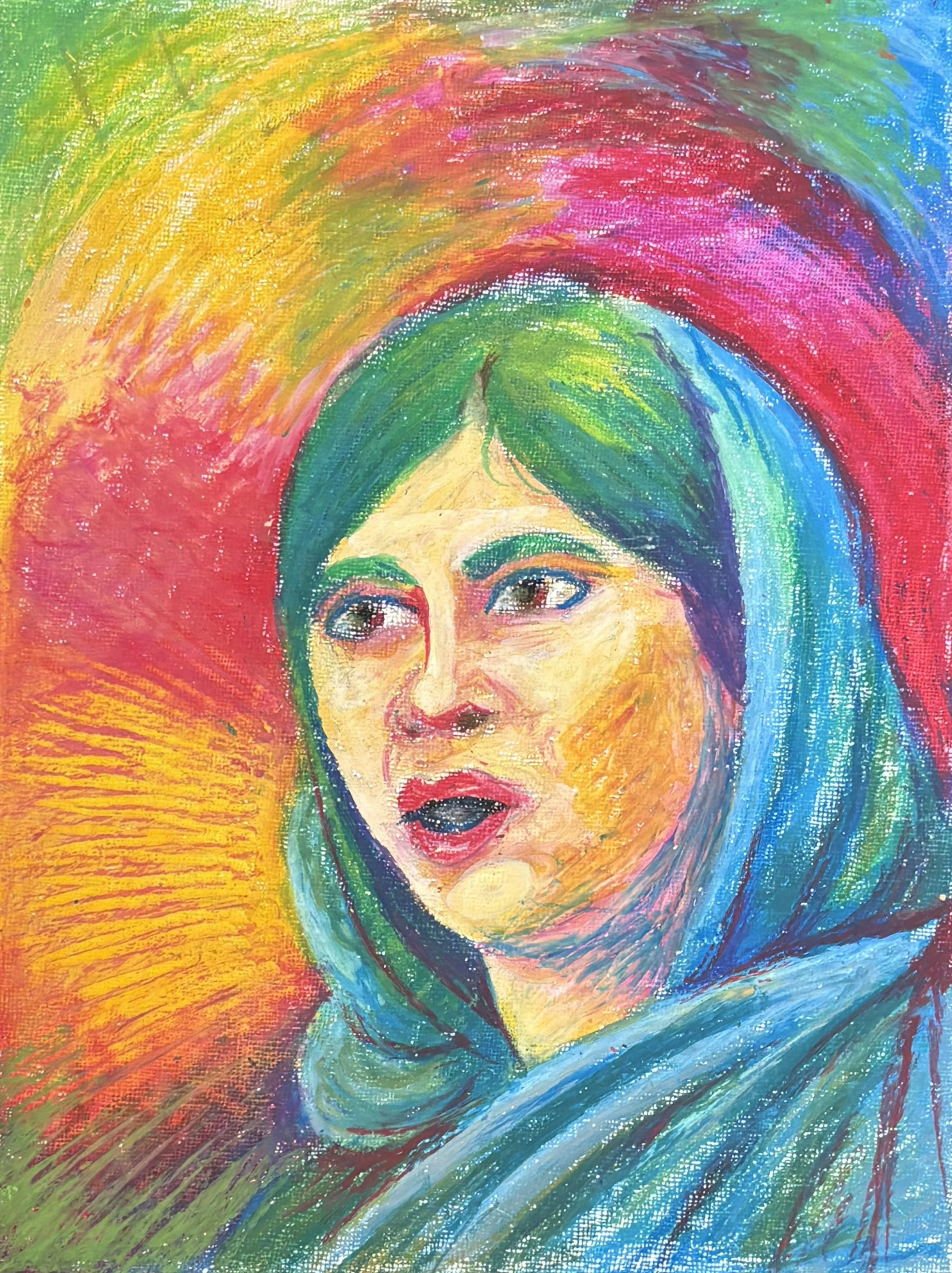 Expressionist portrait of a young woman in a teal head covering with mouth open in speech, framed by a vivid rainbow halo of orange, red, green, and blue