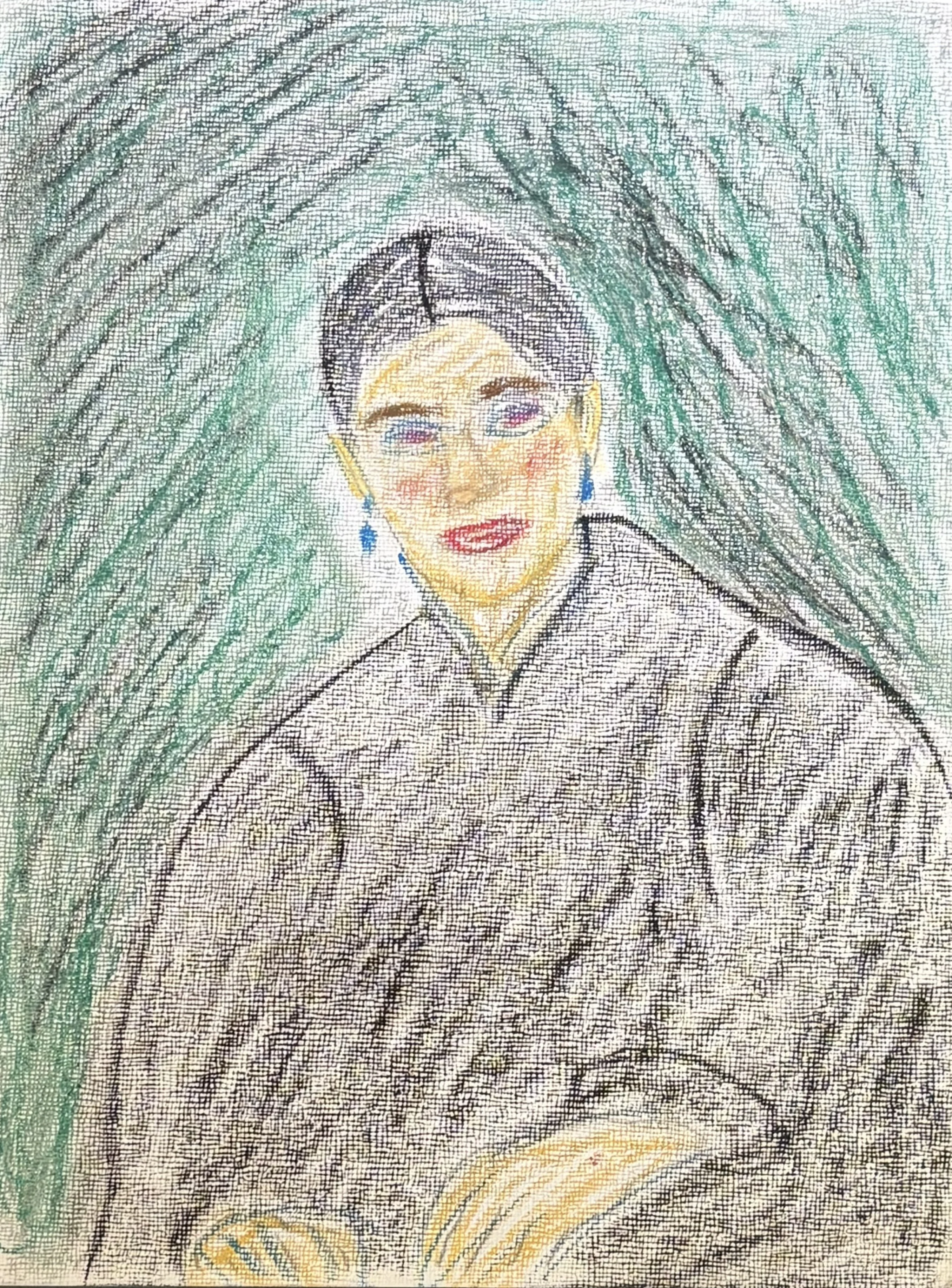 Expressionist portrait of a woman with dark hair pulled back, round glasses, and dangling earrings, dressed in dark robes against a green crosshatched background