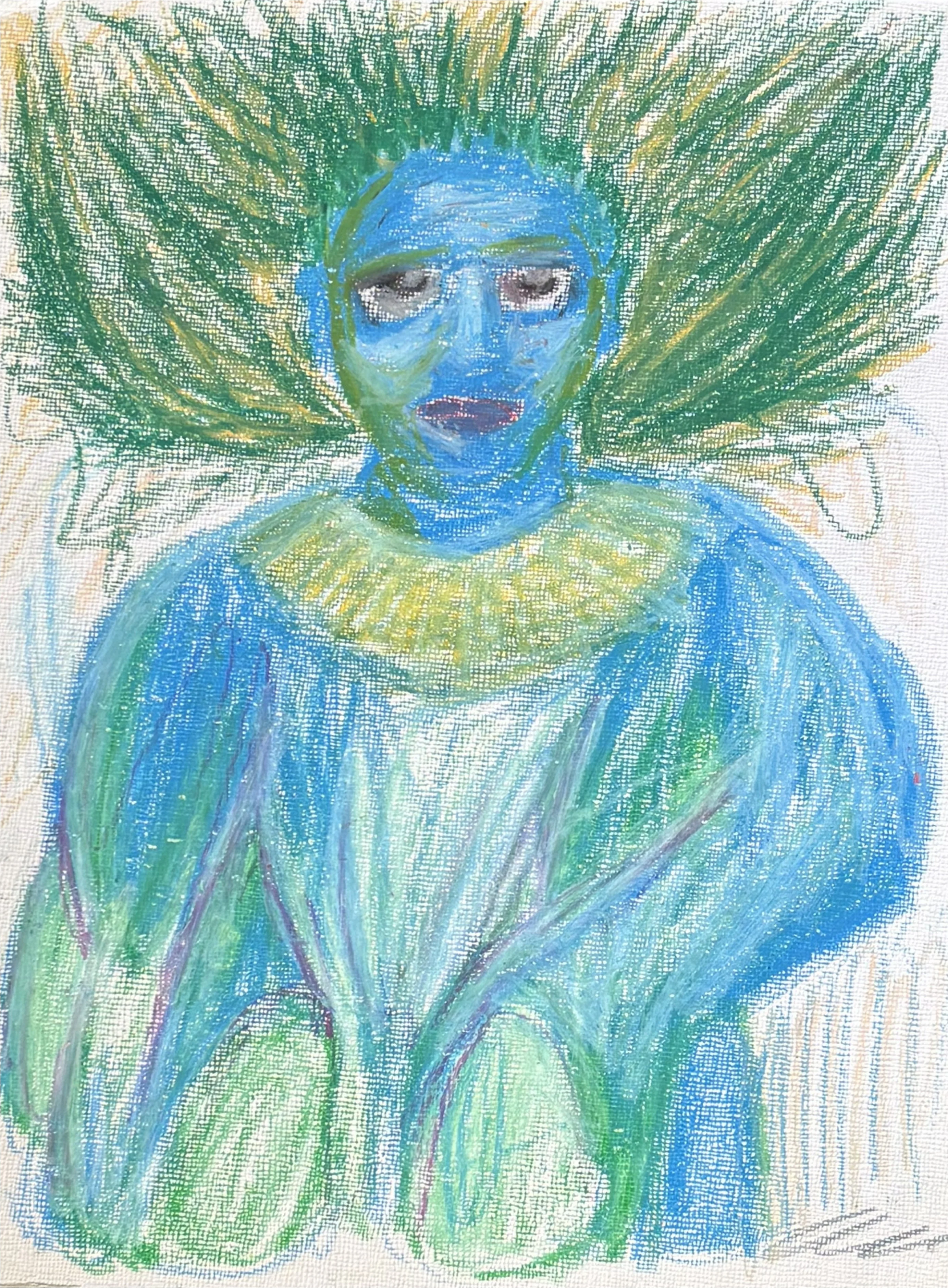 Ethereal expressionist portrait of a figure rendered in deep blues with green hair radiating outward, wearing a yellow collar against pale green background