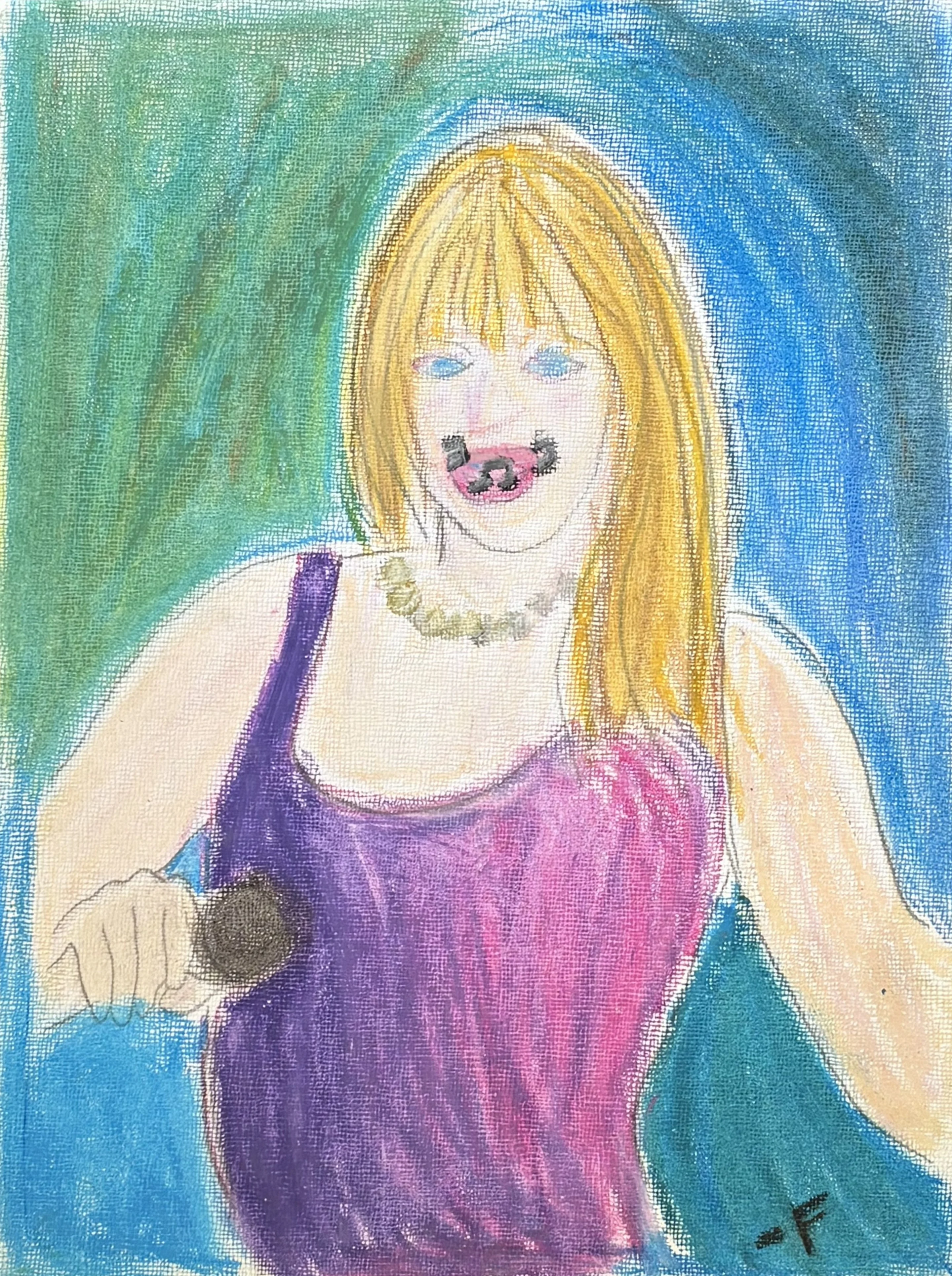 Expressionist portrait of a blonde woman in a magenta top holding a microphone, against a teal and green stage-light background
