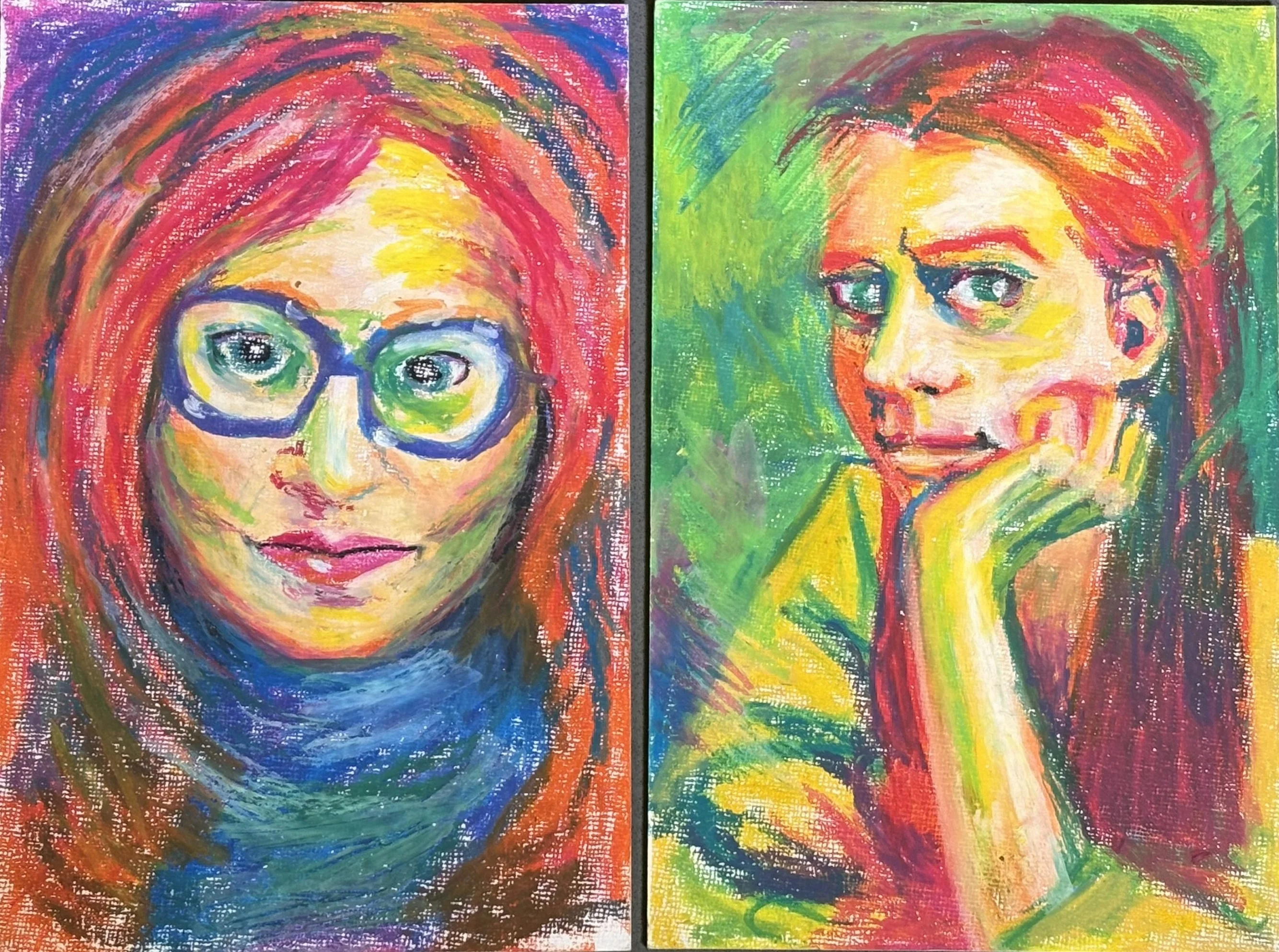 Diptych of two expressionist portraits: a red-haired woman in blue glasses against pink and a red-haired woman resting her chin on her hand against green