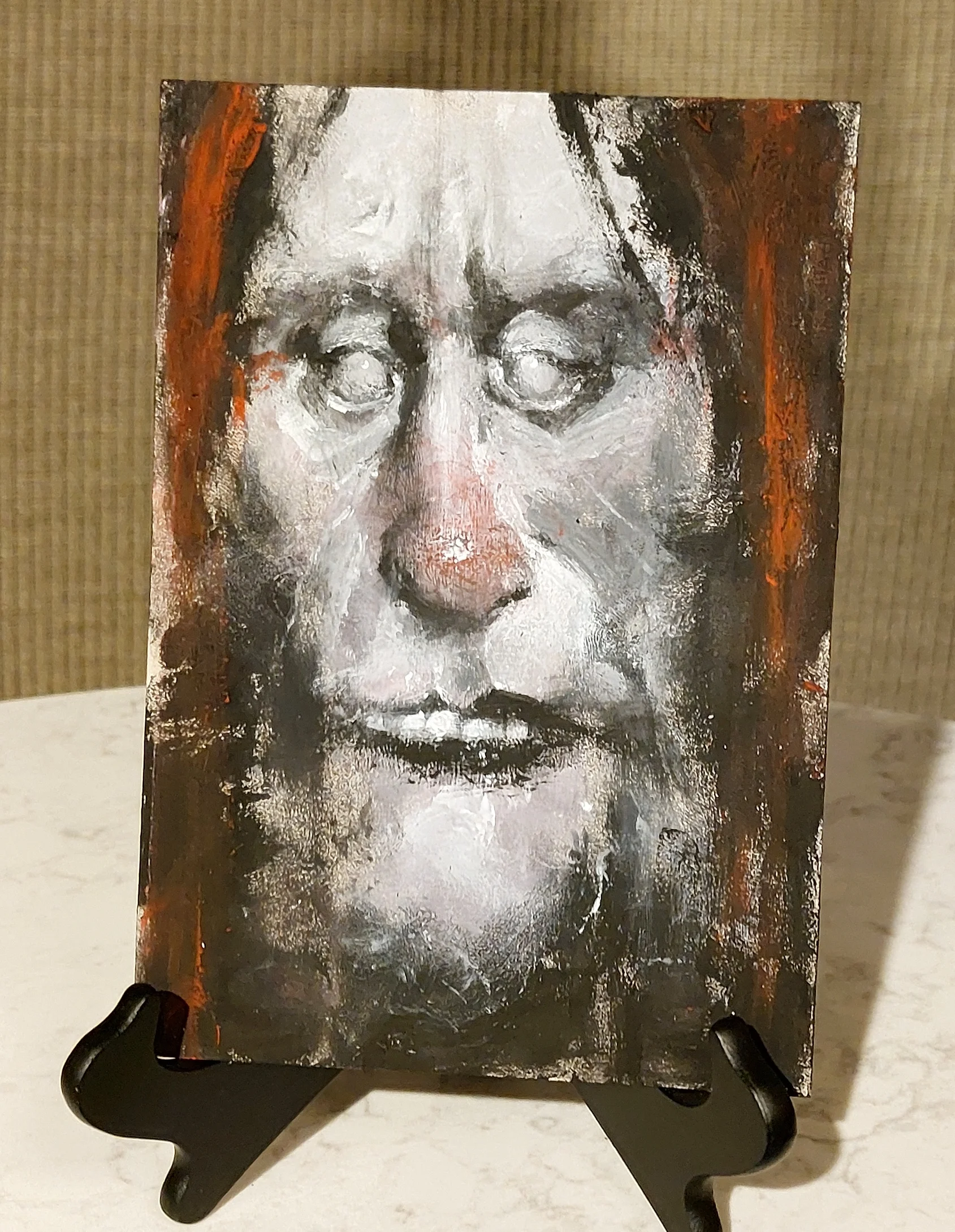 Somber grayscale portrait with rust-orange accents in Van Gogh-inspired brushwork