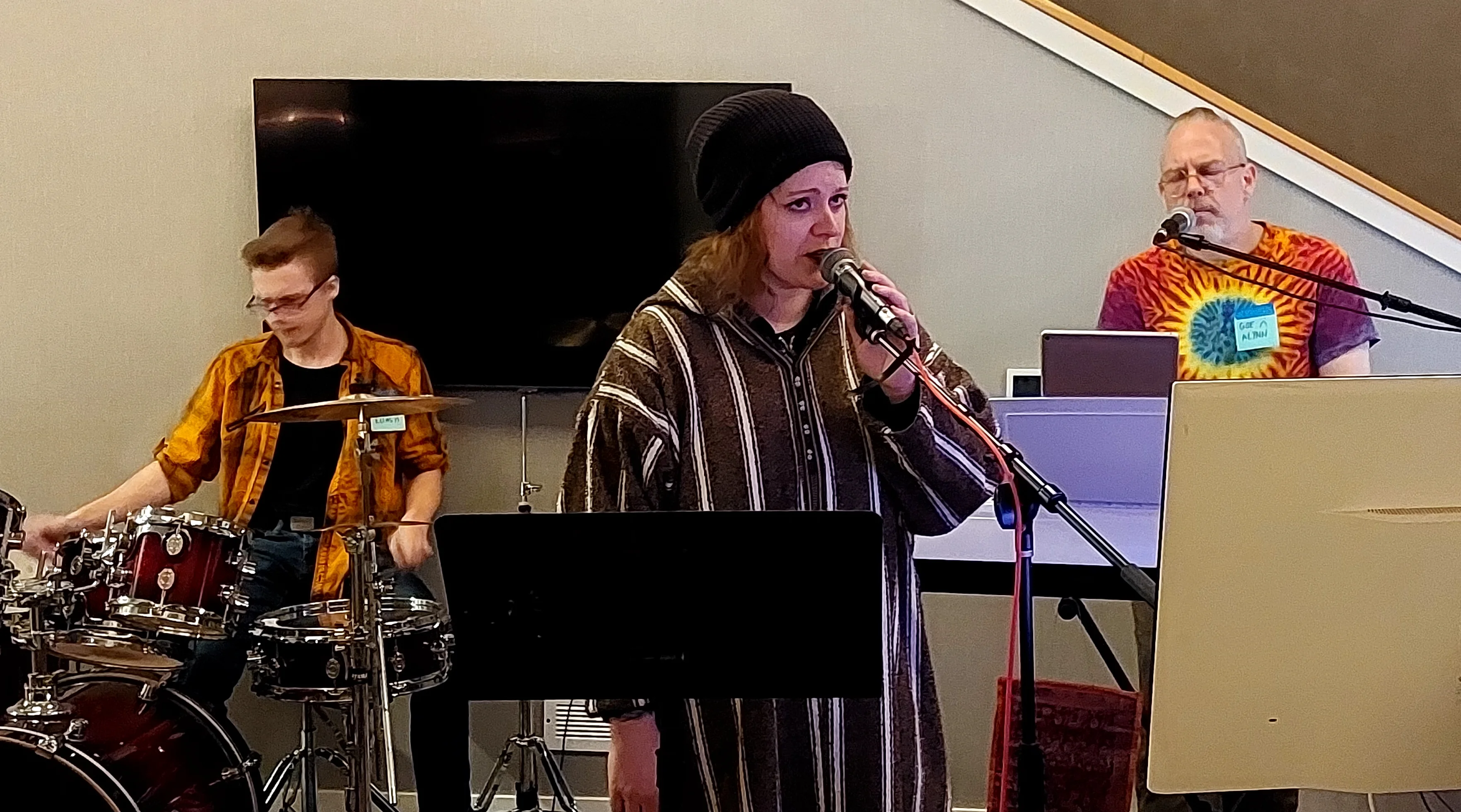 Music Matters band performing with Bassic Nerd on drums, lead vocalist, and keyboardist