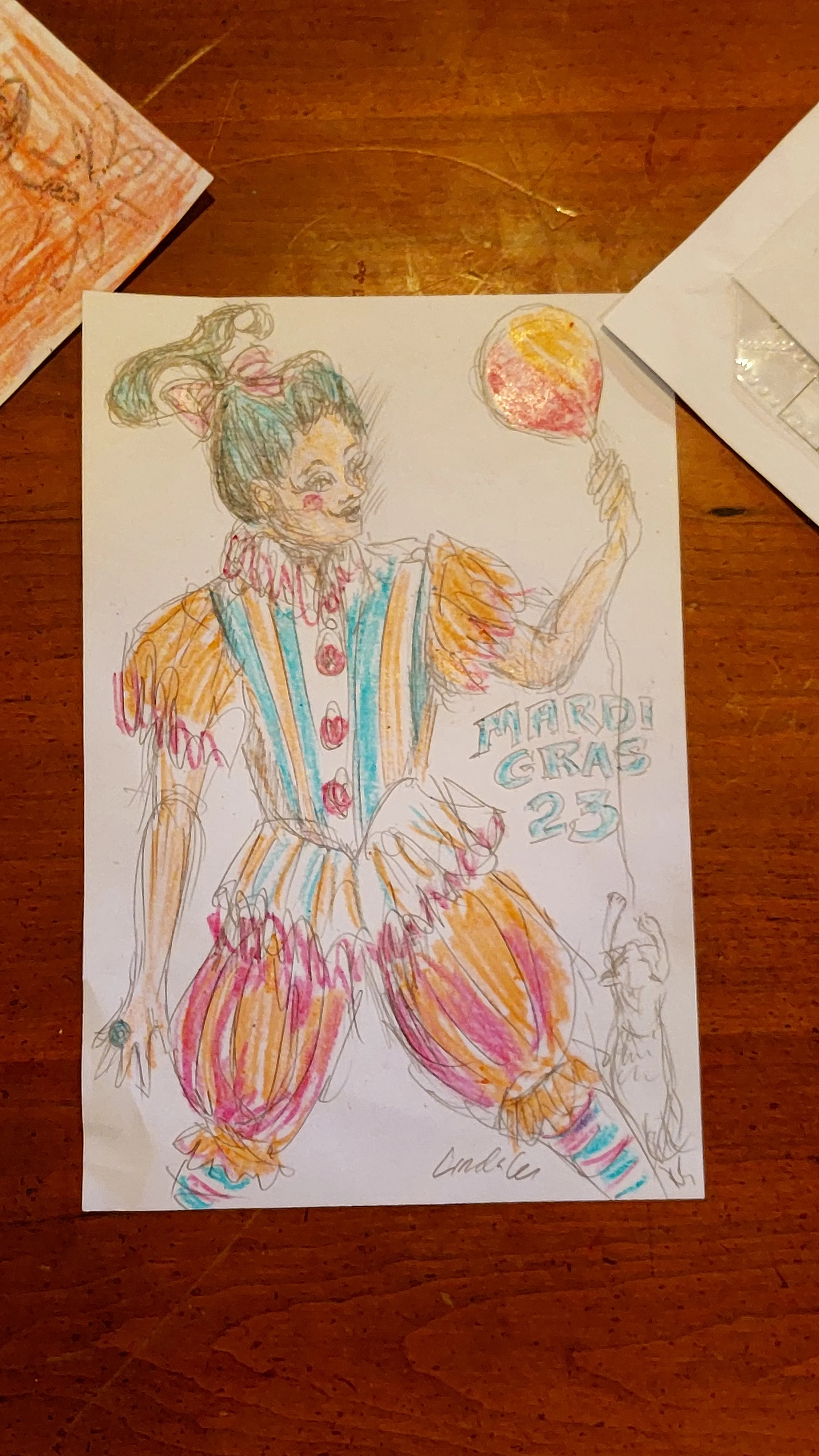 Vibrant record cover of a Mardi Gras clown jester figure with balloon